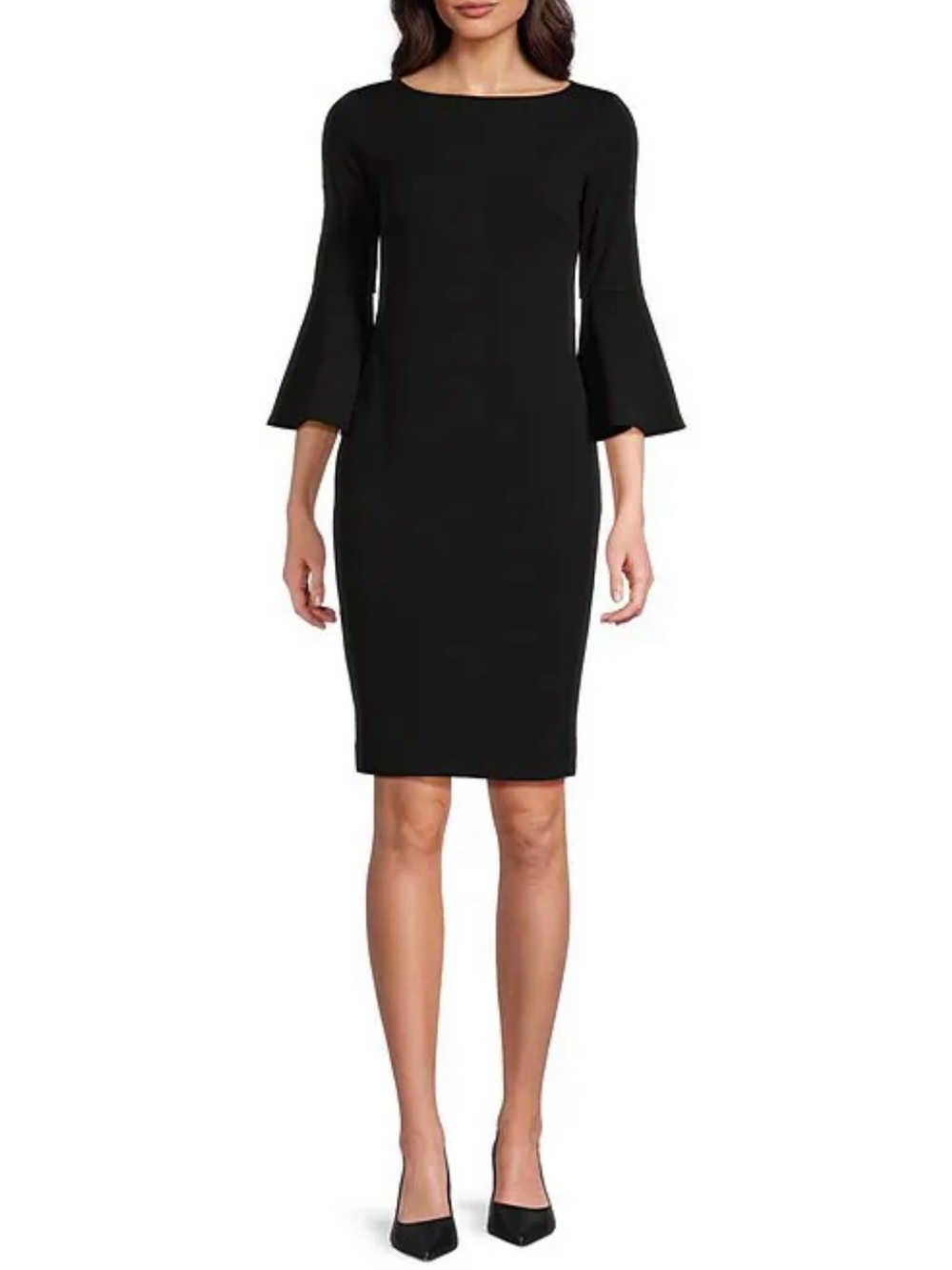 NWT Calvin Klein 3/4 Bell Sleeve Boat Neck Sheath Dress in Black